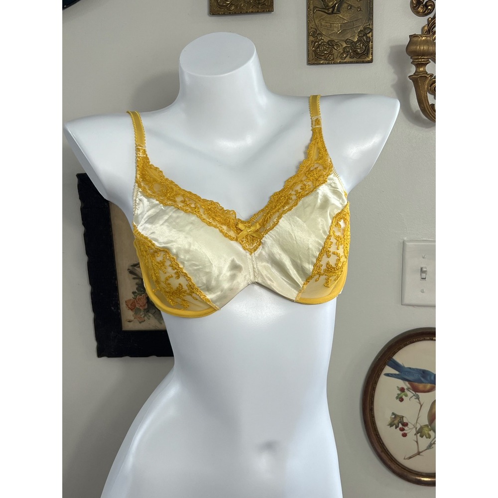 Vintage Victoria's Secret Yellow Satin Gold Lace Embroidered Bra Size 36C